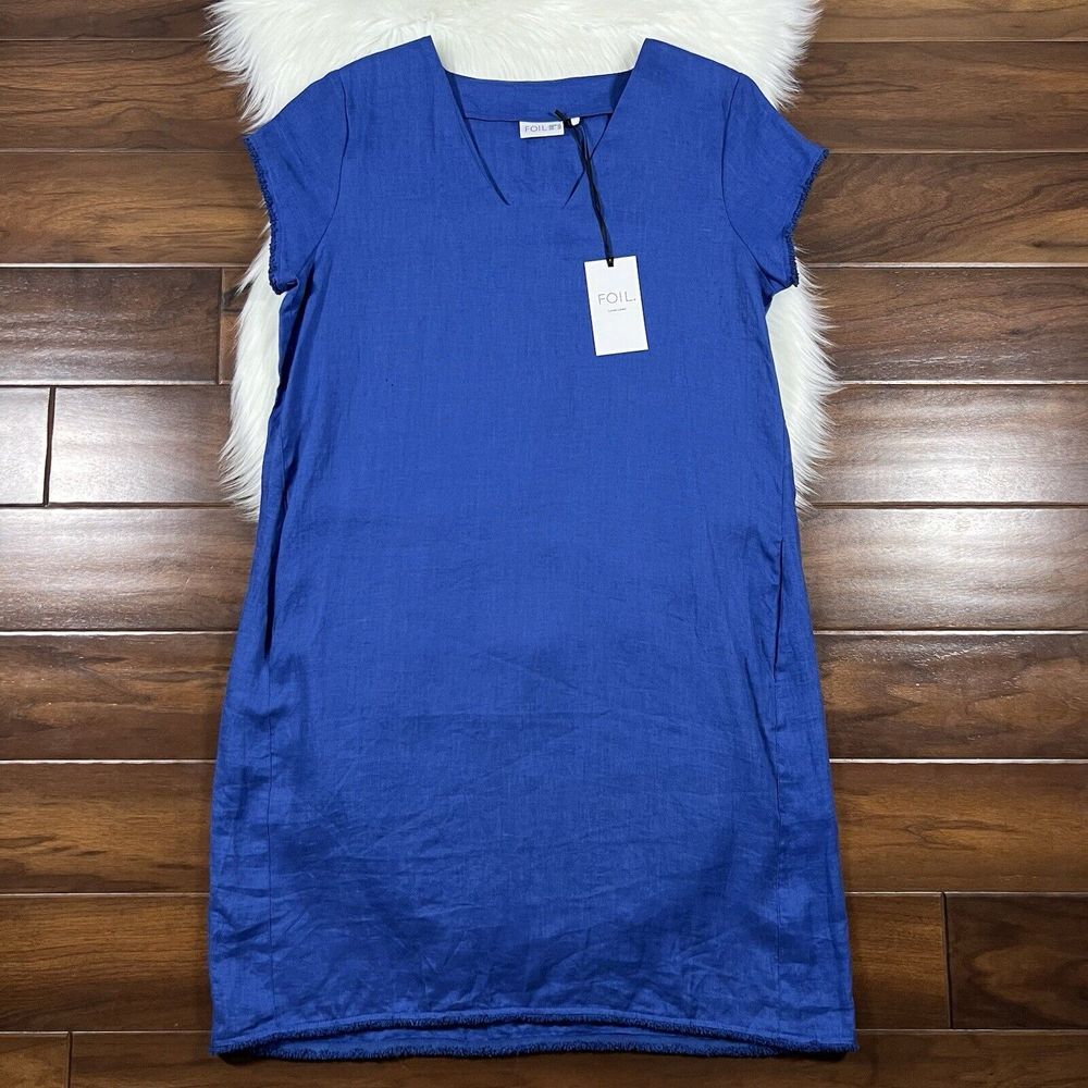 Foil Women's Size US 10 / EU 42 / AU 14 Electric Blue Fringe Linen Shirt Dress‎